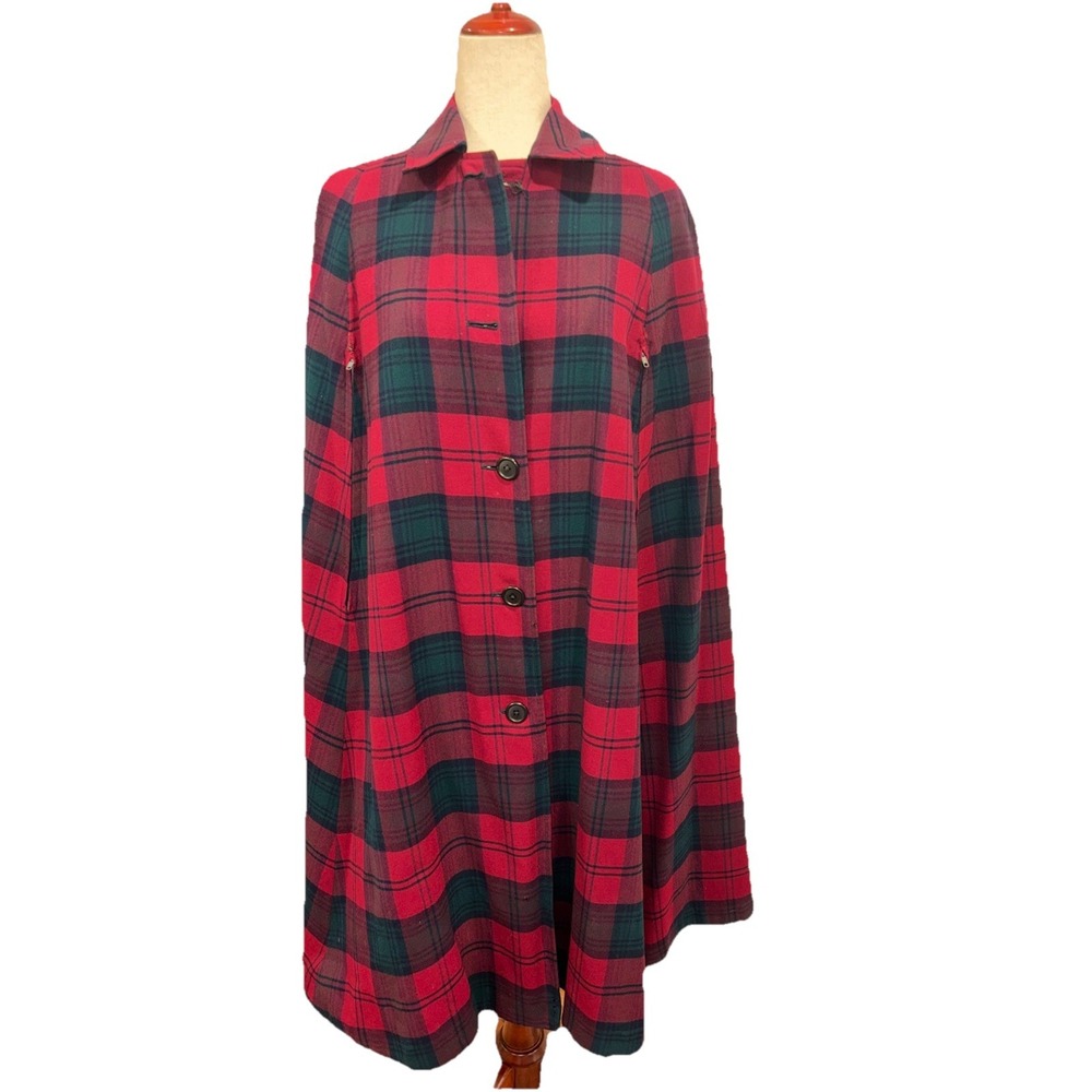 Burberry 1960s Reversible Trench Gabardine & Wool Plaid Cape Coat Red Navy‎ OSFA